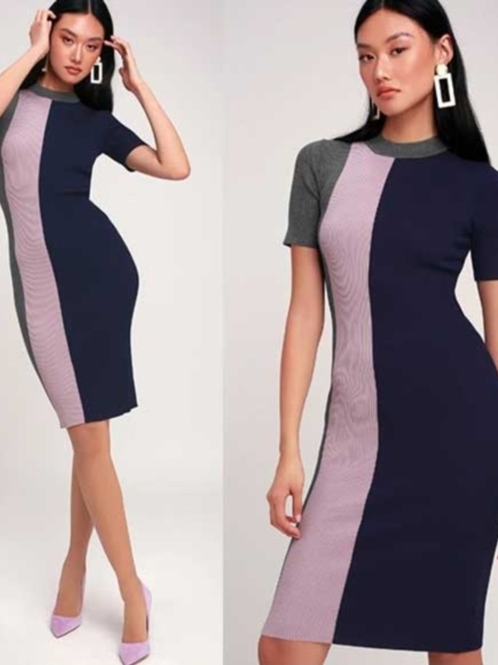 Lulu's Navy, Lavender & Gray Colorblock Midi Sheath Dress